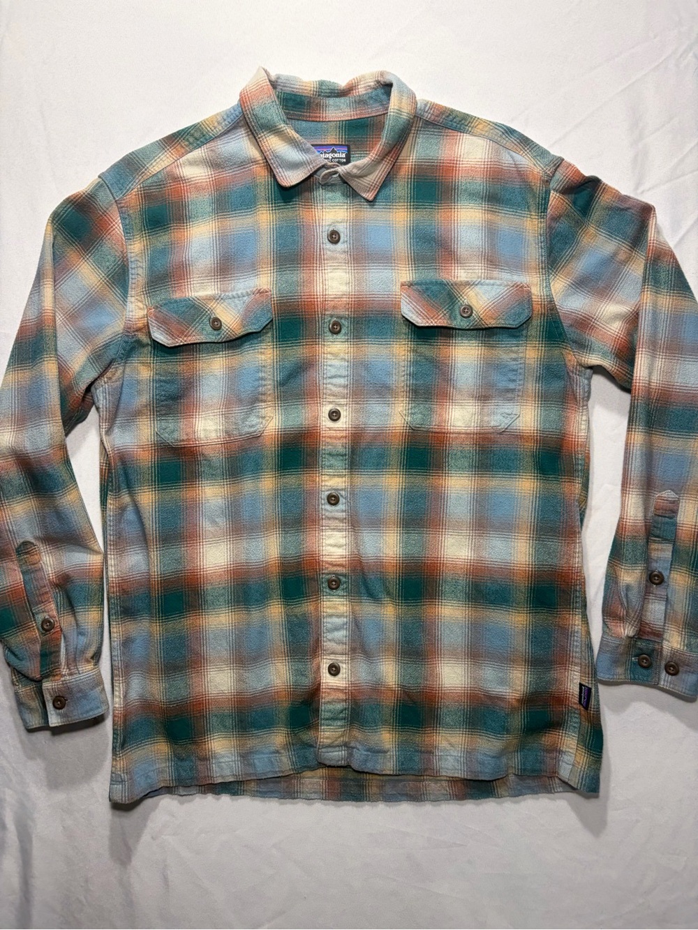 Patagonia Plaid Button-Up Shirt Jacket in Teal, Tan & Blue